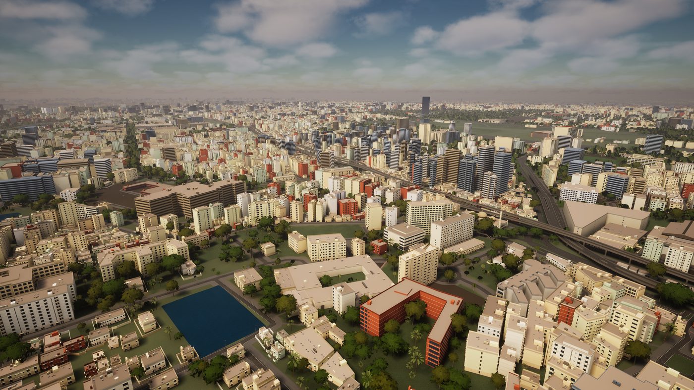 Generated aerial of Dhaka with apartment blocks, a lake and an elevated road