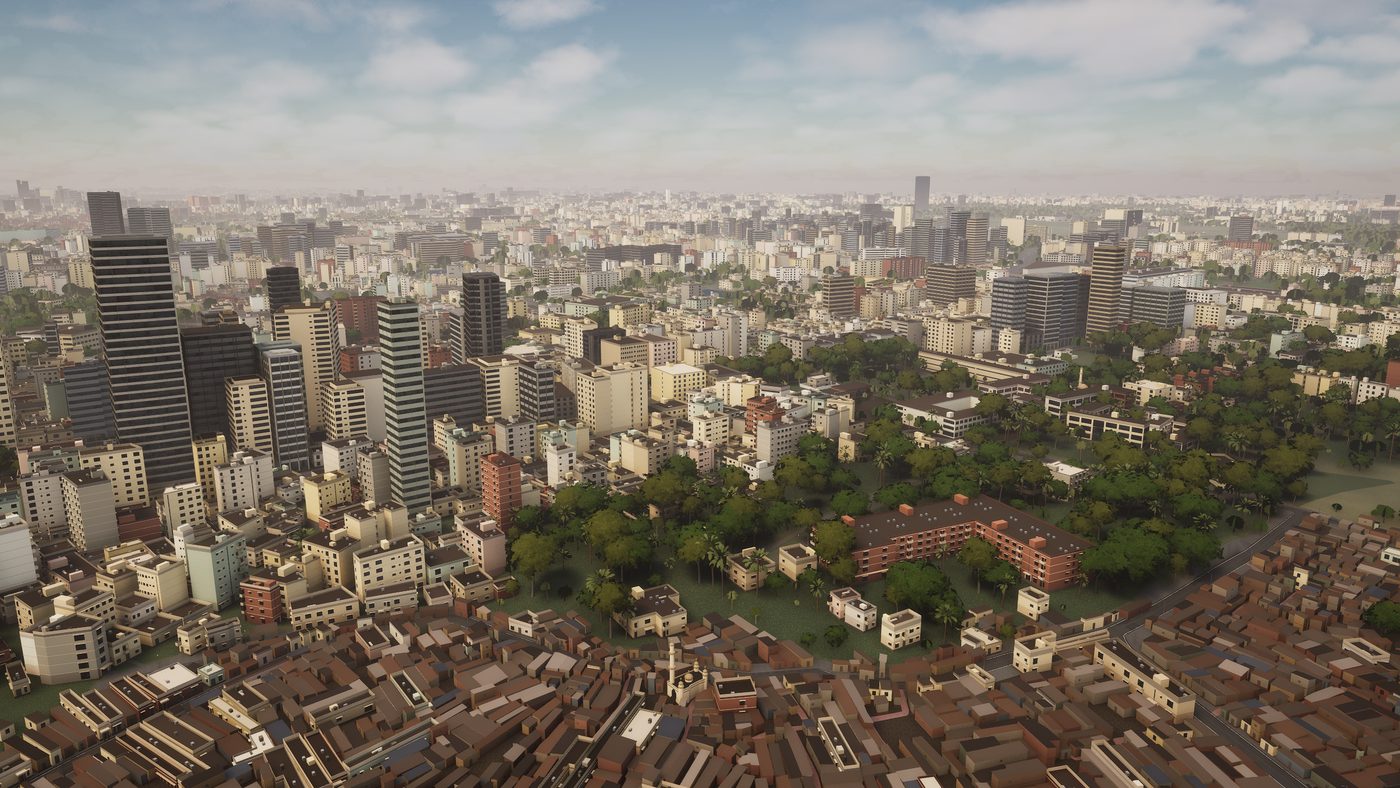 Generated aerial of central Dhaka with towers and dense brick neighbourhoods