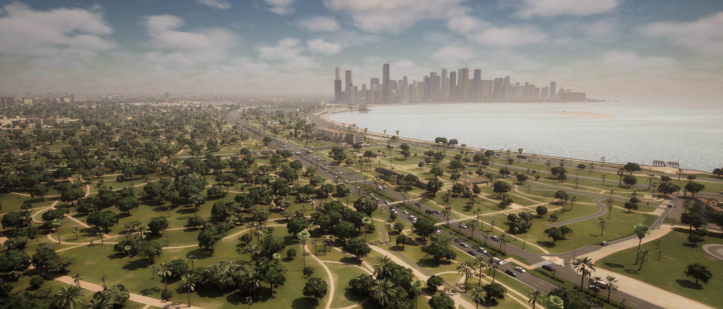 Generated aerial of Doha: a park and the corniche curving toward the West Bay skyline