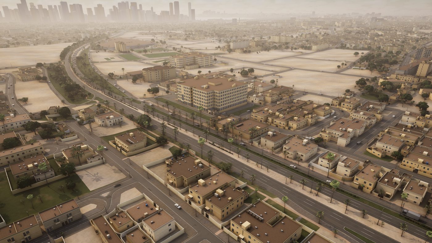 Generated residential district in Doha with walled villas, open sand plots and a palm boulevard
