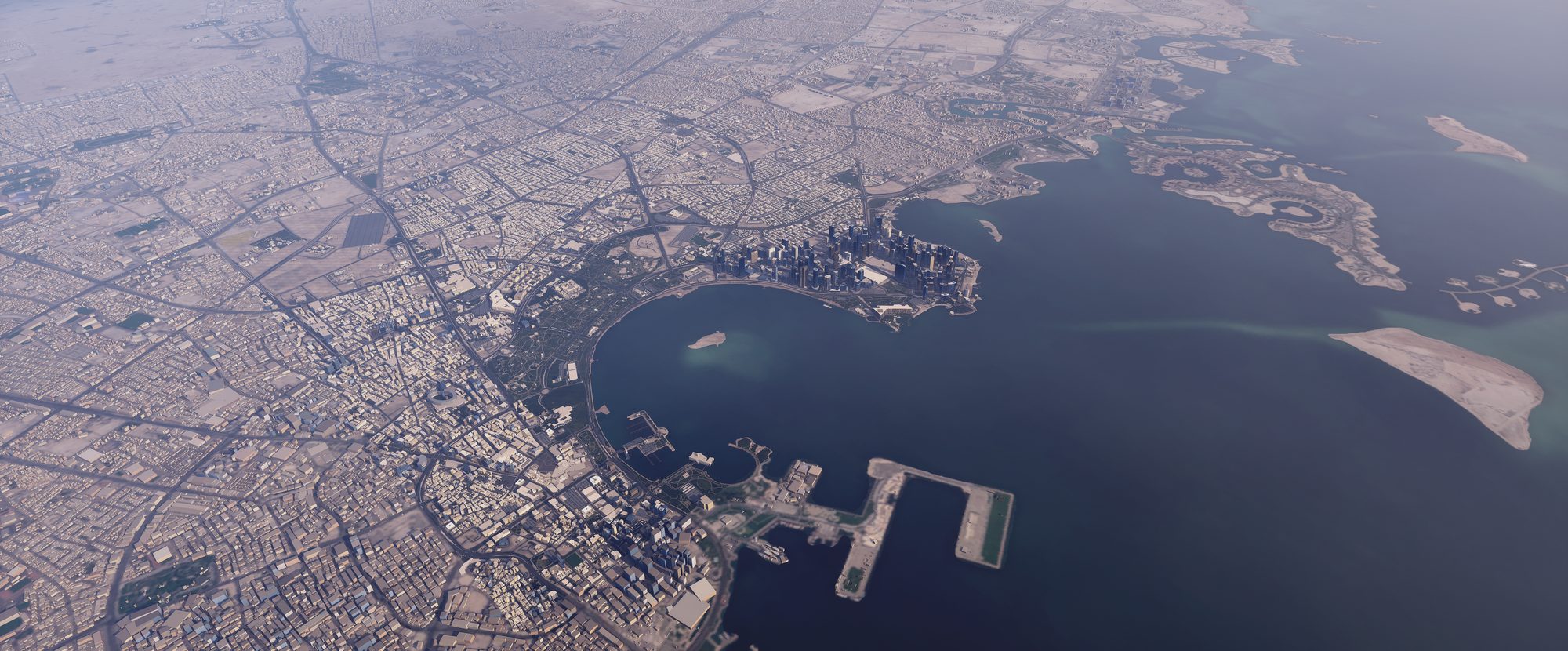 Generated aerial of Doha: the corniche bay, West Bay towers, The Pearl and the city stretching to the horizon