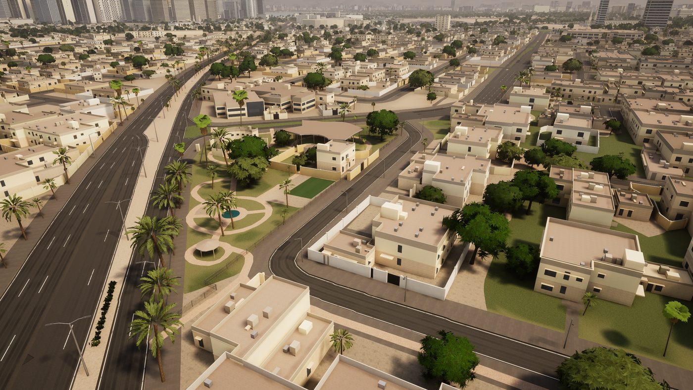 Generated street level view of Doha villas with compound walls, rooftop units and palms